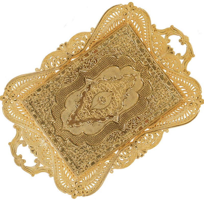 Vissmarta Gold Turkish Coffee Tea Serving Tray Table Home Decor Decorative Handle - Gold Vintage Brass Fancy Rectangle Style Traditional Rustic Bar Outdoor Wedding Arabic Farmhouse Wedding Decor Tray - Image 1